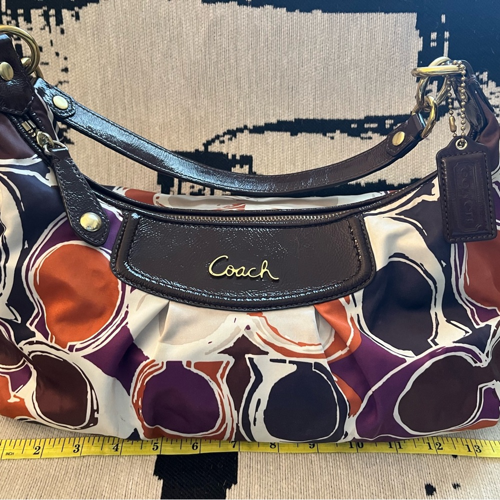 Coach Brown Leather-Trim Multicolor Circle Print Shoulder Bag-purple and orange